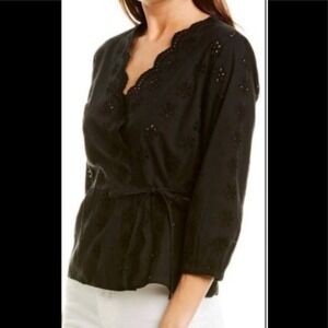 MADEWELL Scalloped Eyelet Wrap Top size M romantic black casual tie front blouse